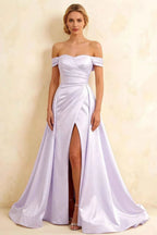 Jeanne Lavender Satin Off Shoulder Maxi Dress