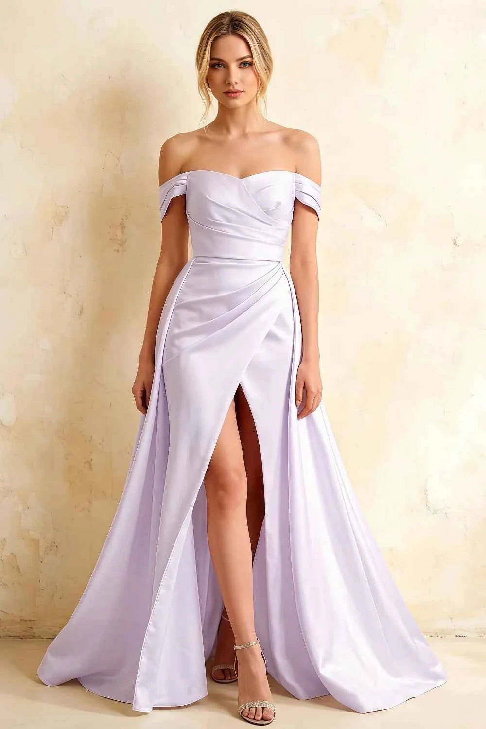 Jeanne Lavender Satin Off Shoulder Maxi Dress