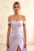 Jeanne Lavender Satin Off Shoulder Maxi Dress