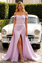 Jeanne Lilac Satin Off Shoulder Maxi Dress