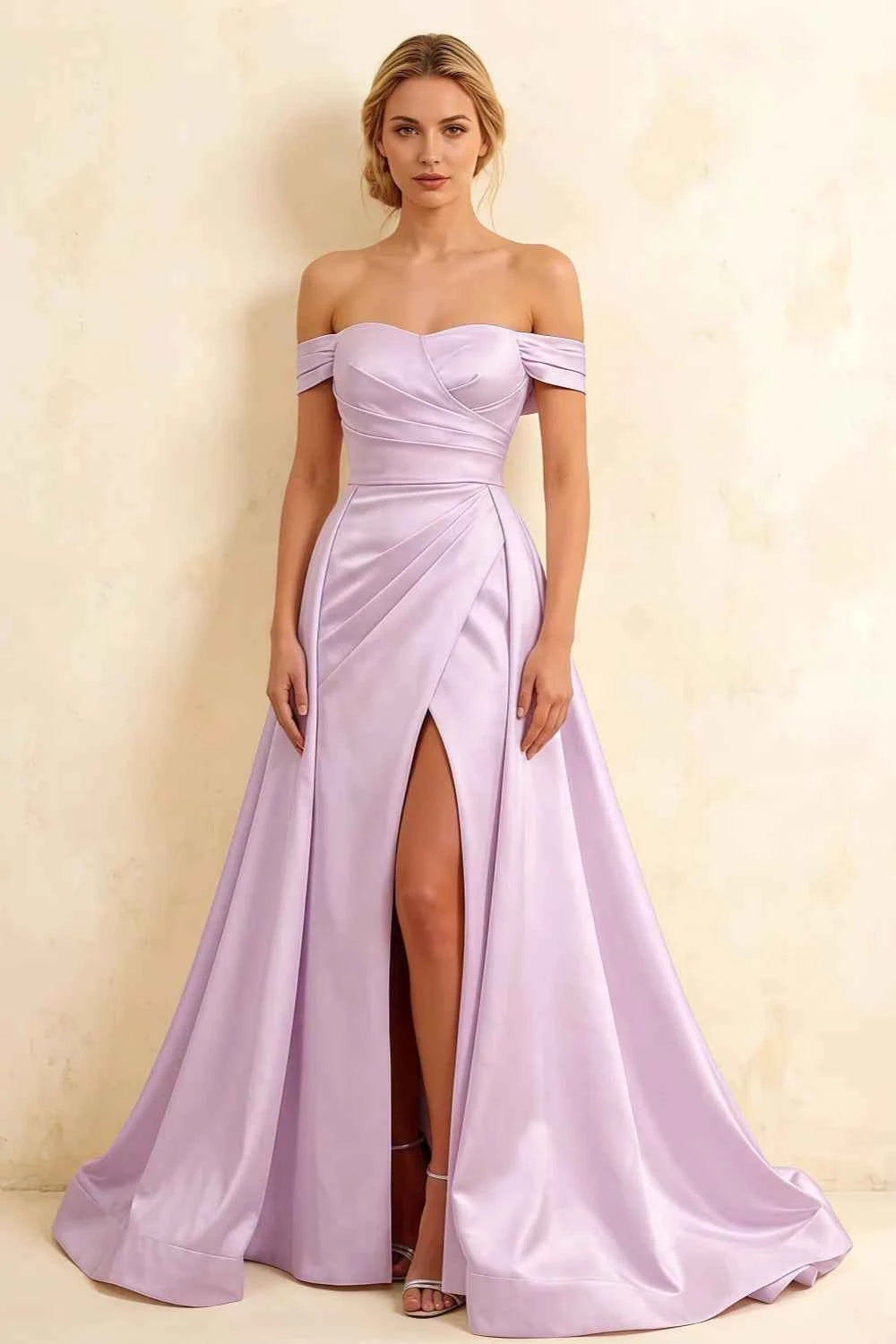 Jeanne Lilac Satin Off Shoulder Maxi Dress