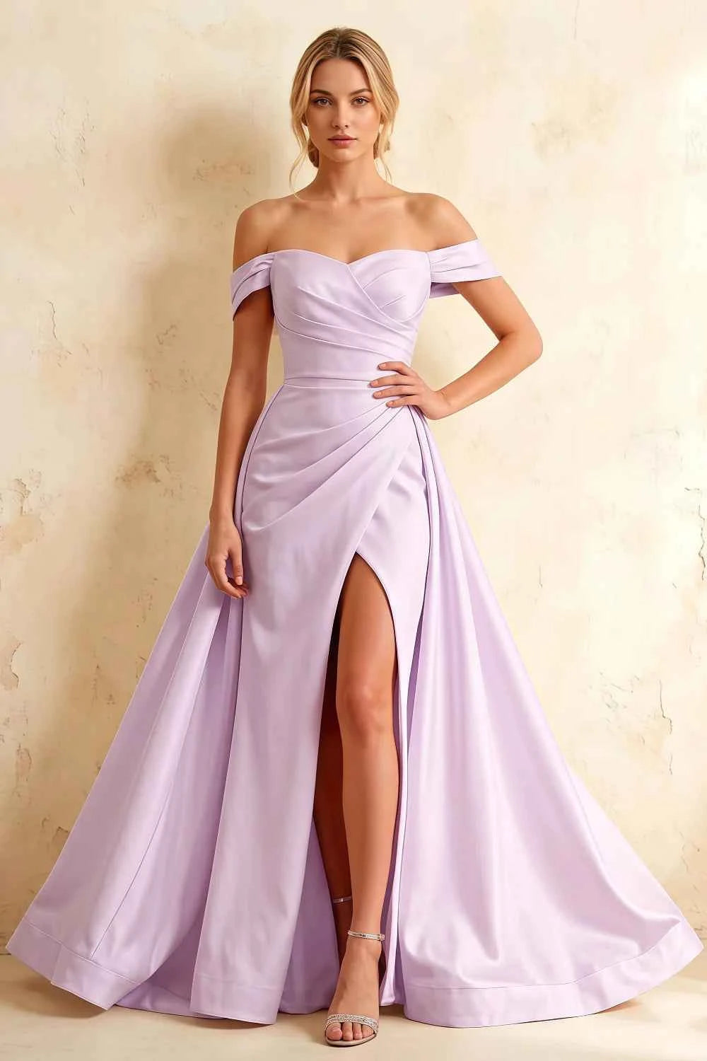 Jeanne Lilac Satin Off Shoulder Maxi Dress
