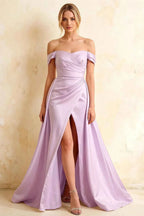 Jeanne Lilac Satin Off Shoulder Maxi Dress