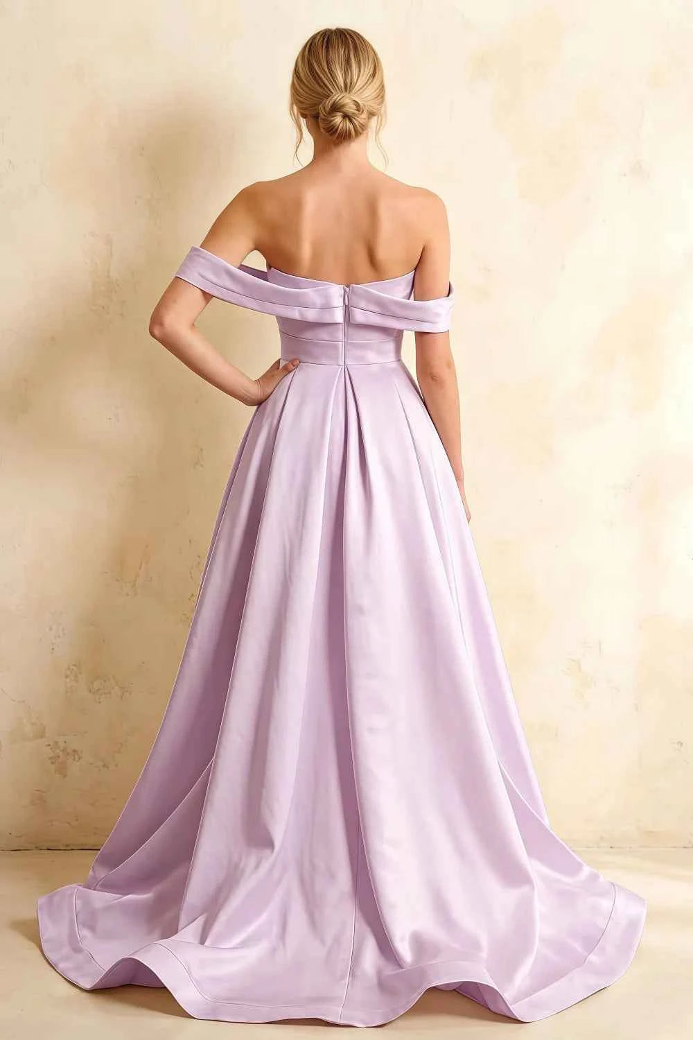 Jeanne Lilac Satin Off Shoulder Maxi Dress