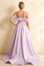 Jeanne Lilac Satin Off Shoulder Maxi Dress