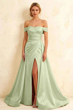Jeanne Mint Satin Off Shoulder Maxi Dress