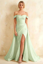 Jeanne Mint Satin Off Shoulder Maxi Dress