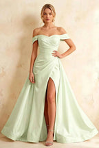 Jeanne Mint Satin Off Shoulder Maxi Dress