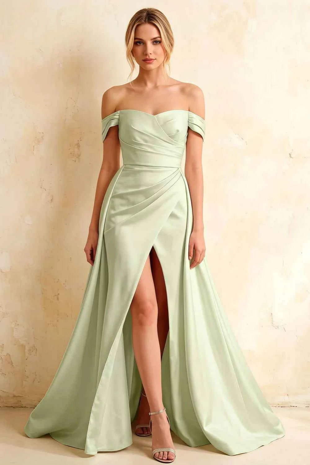 Jeanne Mint Satin Off Shoulder Maxi Dress