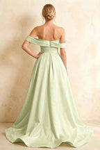 Jeanne Mint Satin Off Shoulder Maxi Dress