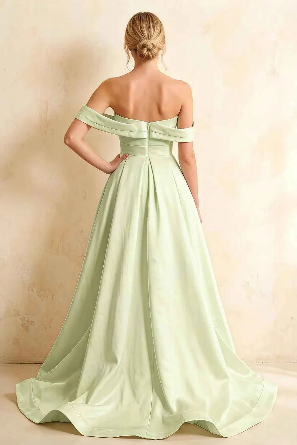 Jeanne Mint Satin Off Shoulder Maxi Dress