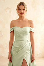 Jeanne Mint Satin Off Shoulder Maxi Dress