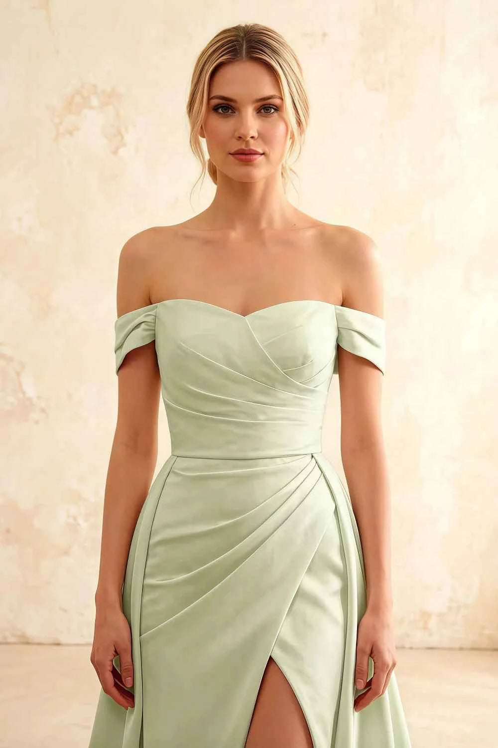 Jeanne Mint Satin Off Shoulder Maxi Dress