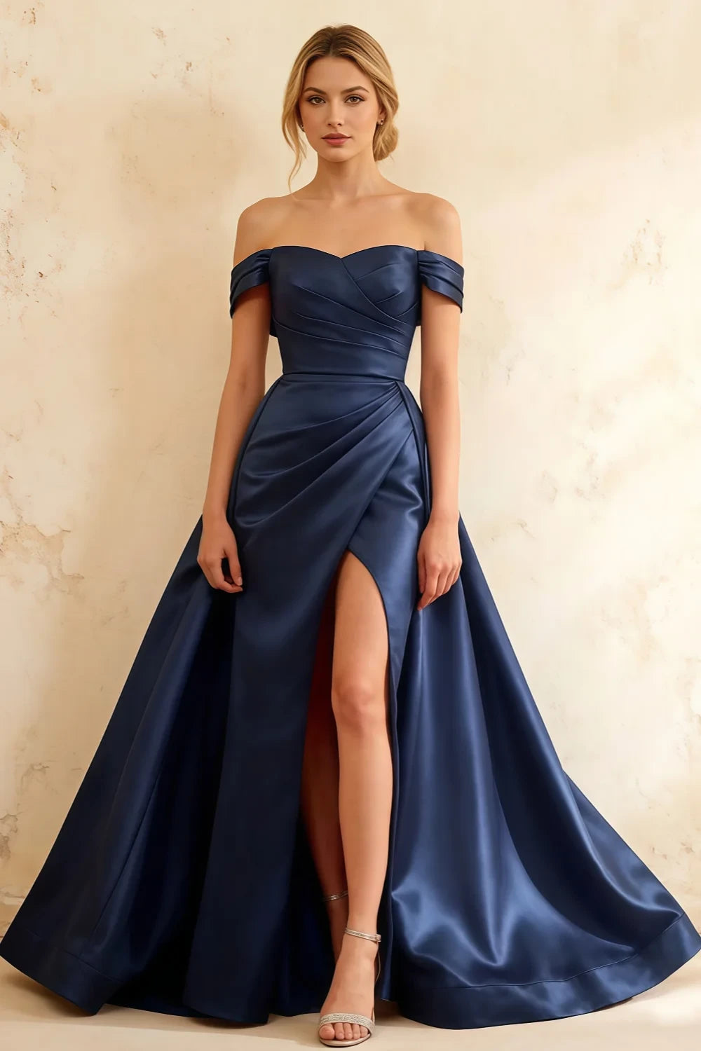 Jeanne Navy Blue Satin Off Shoulder Maxi Dress