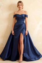 Jeanne Navy Blue Satin Off Shoulder Maxi Dress