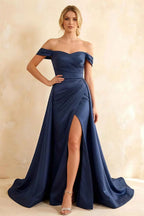Jeanne Navy Blue Satin Off Shoulder Maxi Dress