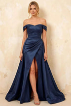 Jeanne Navy Blue Satin Off Shoulder Maxi Dress