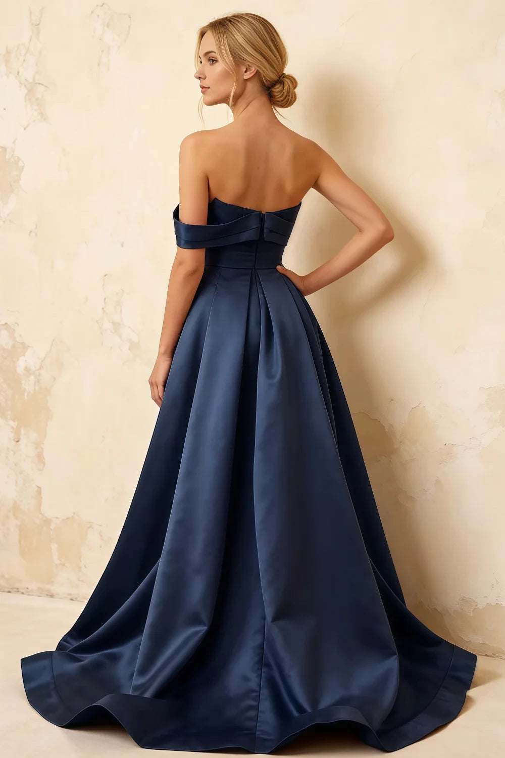 Jeanne Navy Blue Satin Off Shoulder Maxi Dress