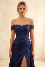 Jeanne Navy Blue Satin Off Shoulder Maxi Dress