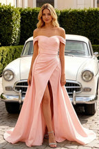 Jeanne Pink Satin Off Shoulder Maxi Dress