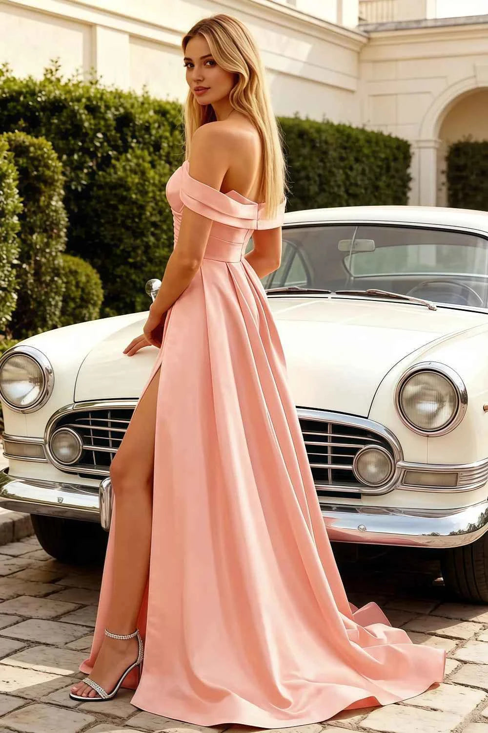 Jeanne Pink Satin Off Shoulder Maxi Dress