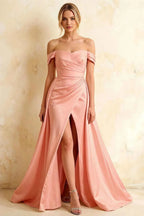 Jeanne Pink Satin Off Shoulder Maxi Dress