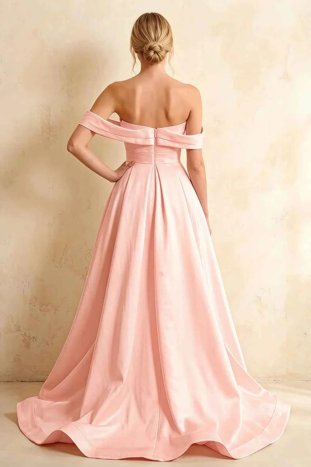 Jeanne Pink Satin Off Shoulder Maxi Dress