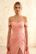 Jeanne Pink Satin Off Shoulder Maxi Dress