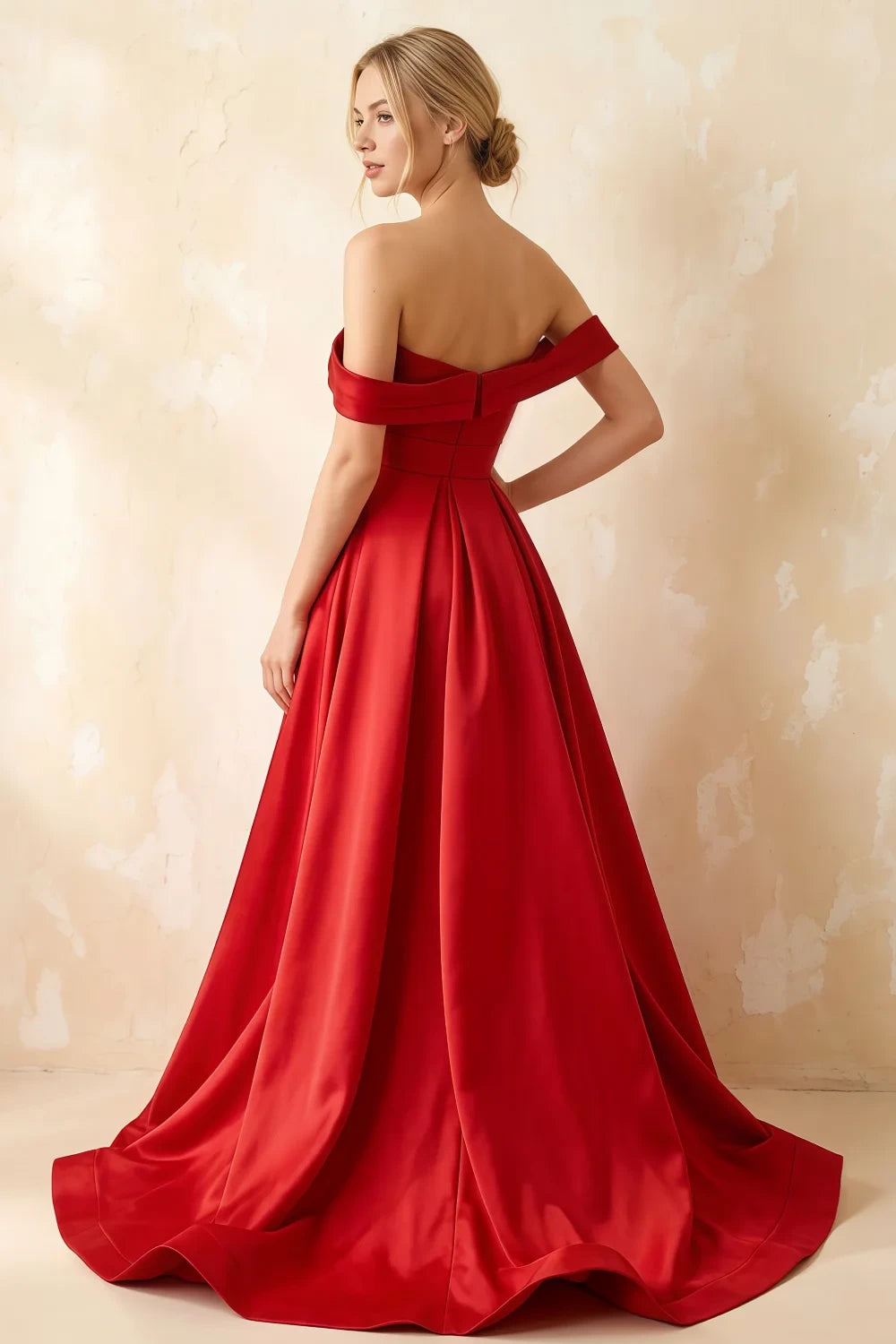 Jeanne Red Satin Off Shoulder Maxi Dress