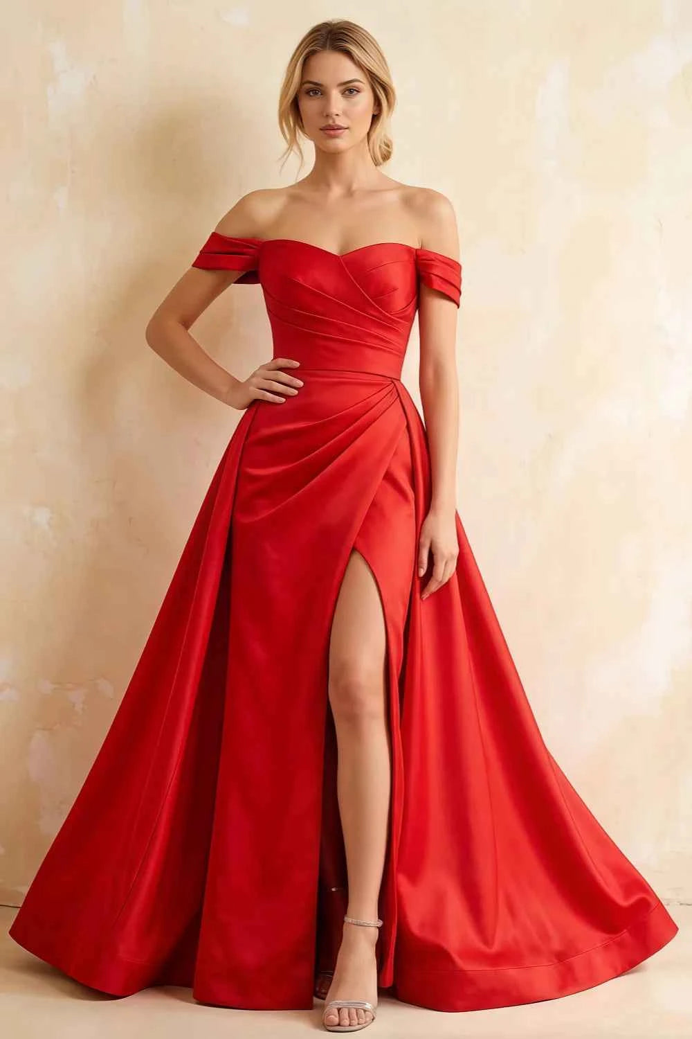 Jeanne Red Satin Off Shoulder Maxi Dress