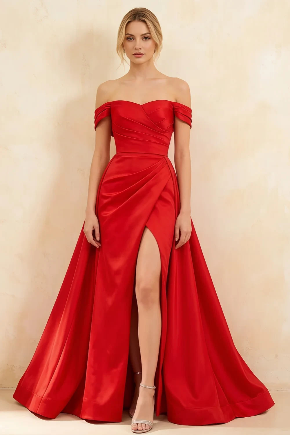 Jeanne Red Satin Off Shoulder Maxi Dress