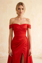 Jeanne Red Satin Off Shoulder Maxi Dress