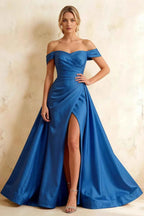 Jeanne Royal Blue Satin Off Shoulder Maxi Dress
