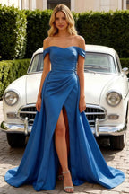 Jeanne Royal Blue Satin Off Shoulder Maxi Dress