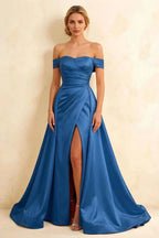 Jeanne Royal Blue Satin Off Shoulder Maxi Dress