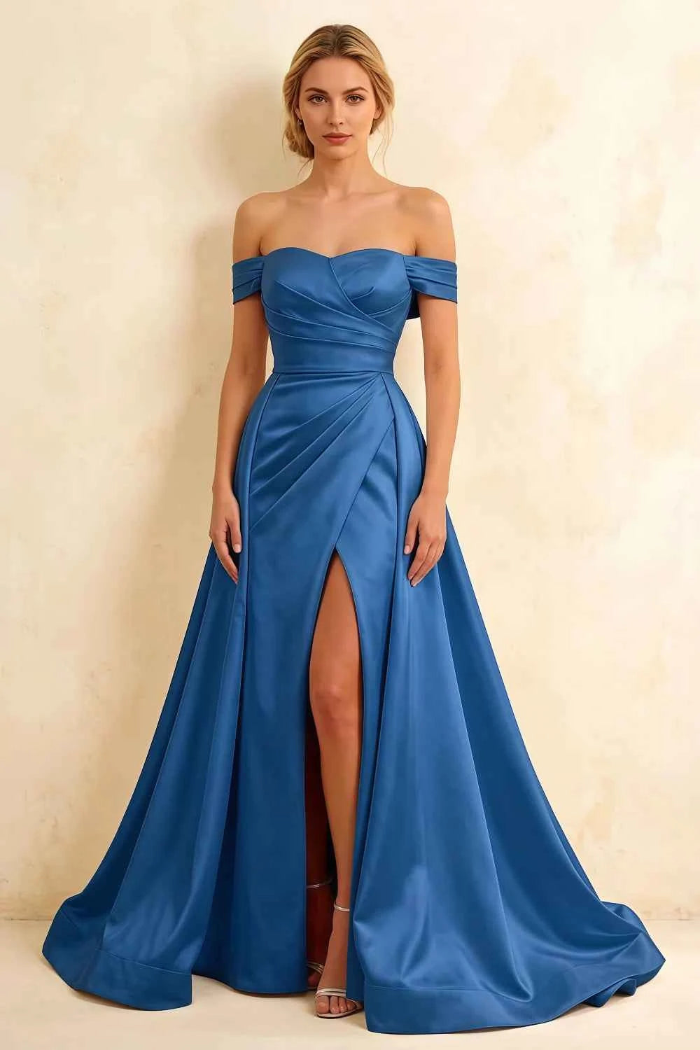 Jeanne Royal Blue Satin Off Shoulder Maxi Dress