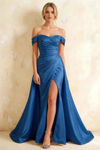 Jeanne Royal Blue Satin Off Shoulder Maxi Dress