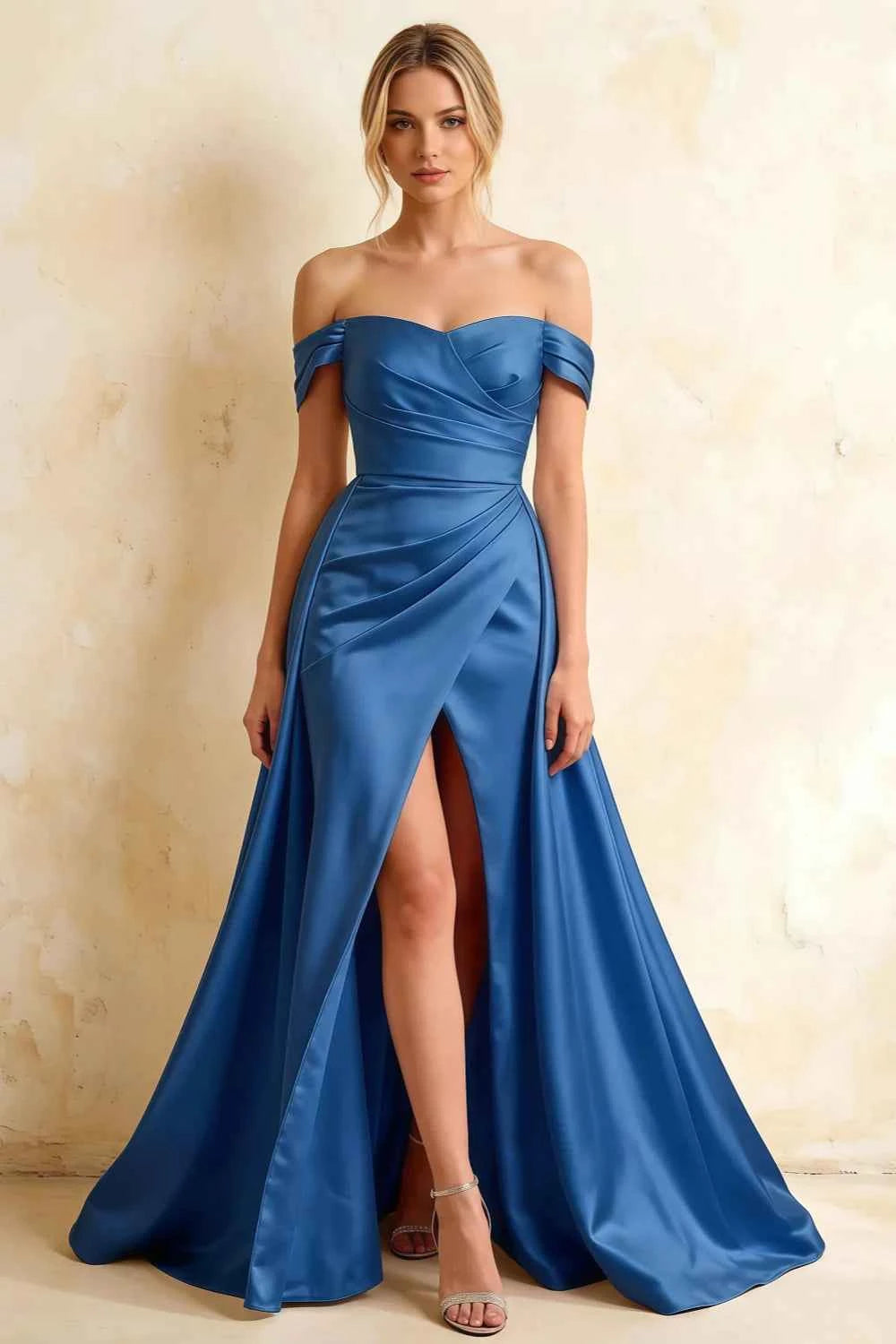 Jeanne Royal Blue Satin Off Shoulder Maxi Dress