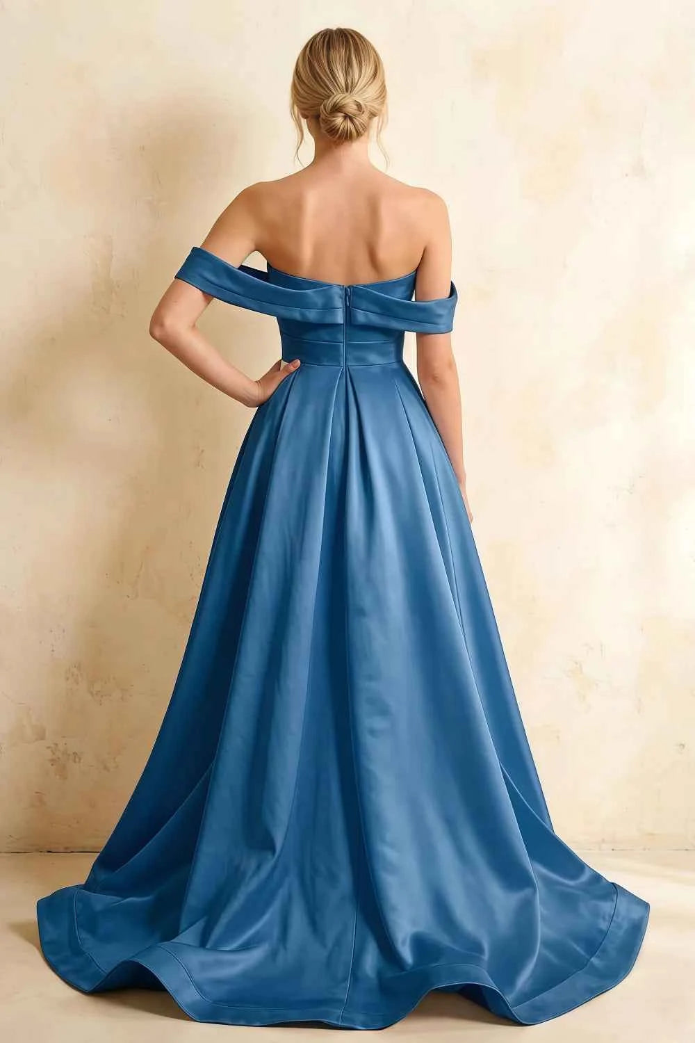Jeanne Royal Blue Satin Off Shoulder Maxi Dress