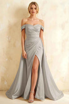 Jeanne Silver Satin Off Shoulder Maxi Dress