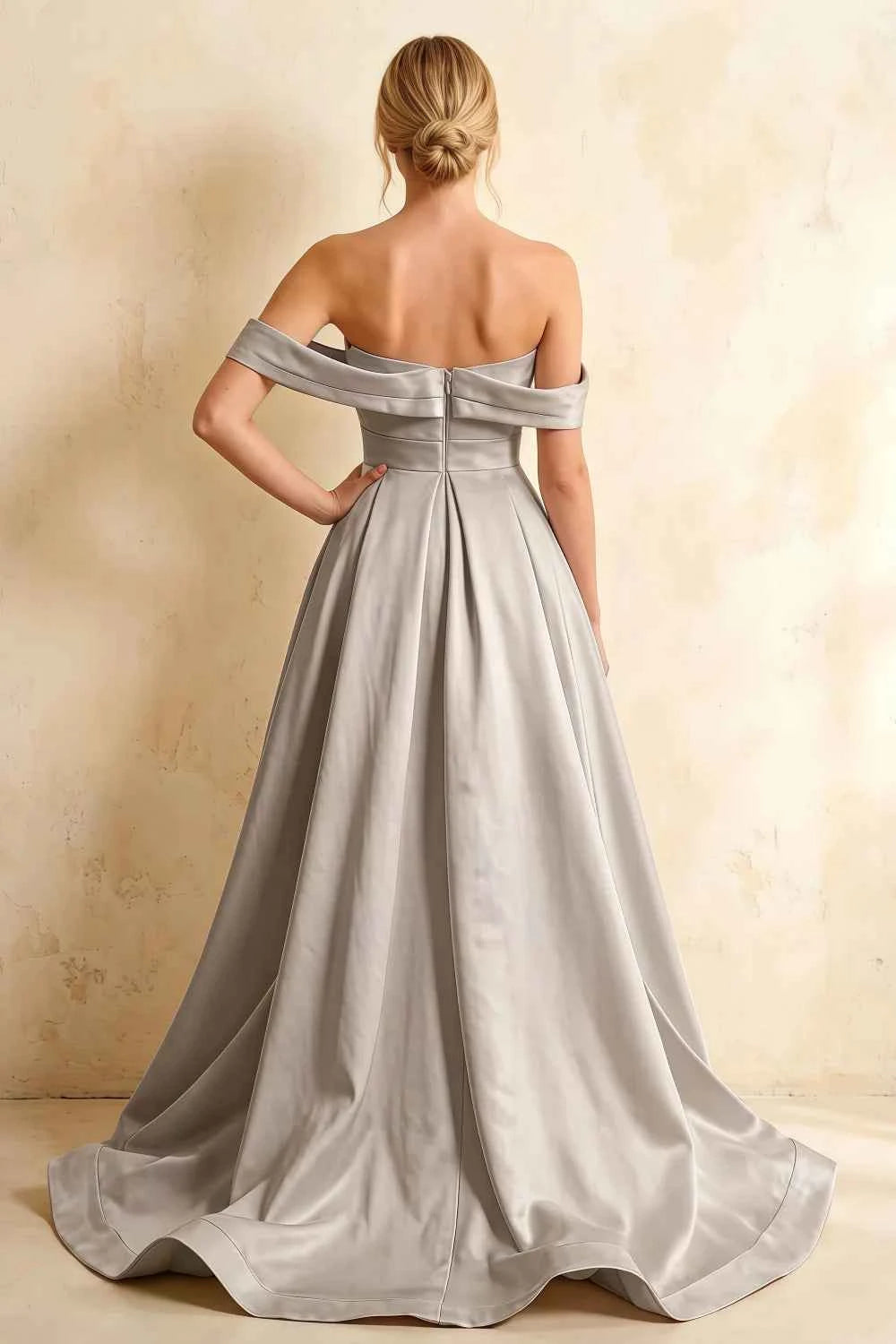 Jeanne Silver Satin Off Shoulder Maxi Dress
