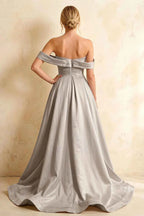 Jeanne Silver Satin Off Shoulder Maxi Dress