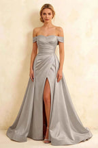 Jeanne Silver Satin Off Shoulder Maxi Dress