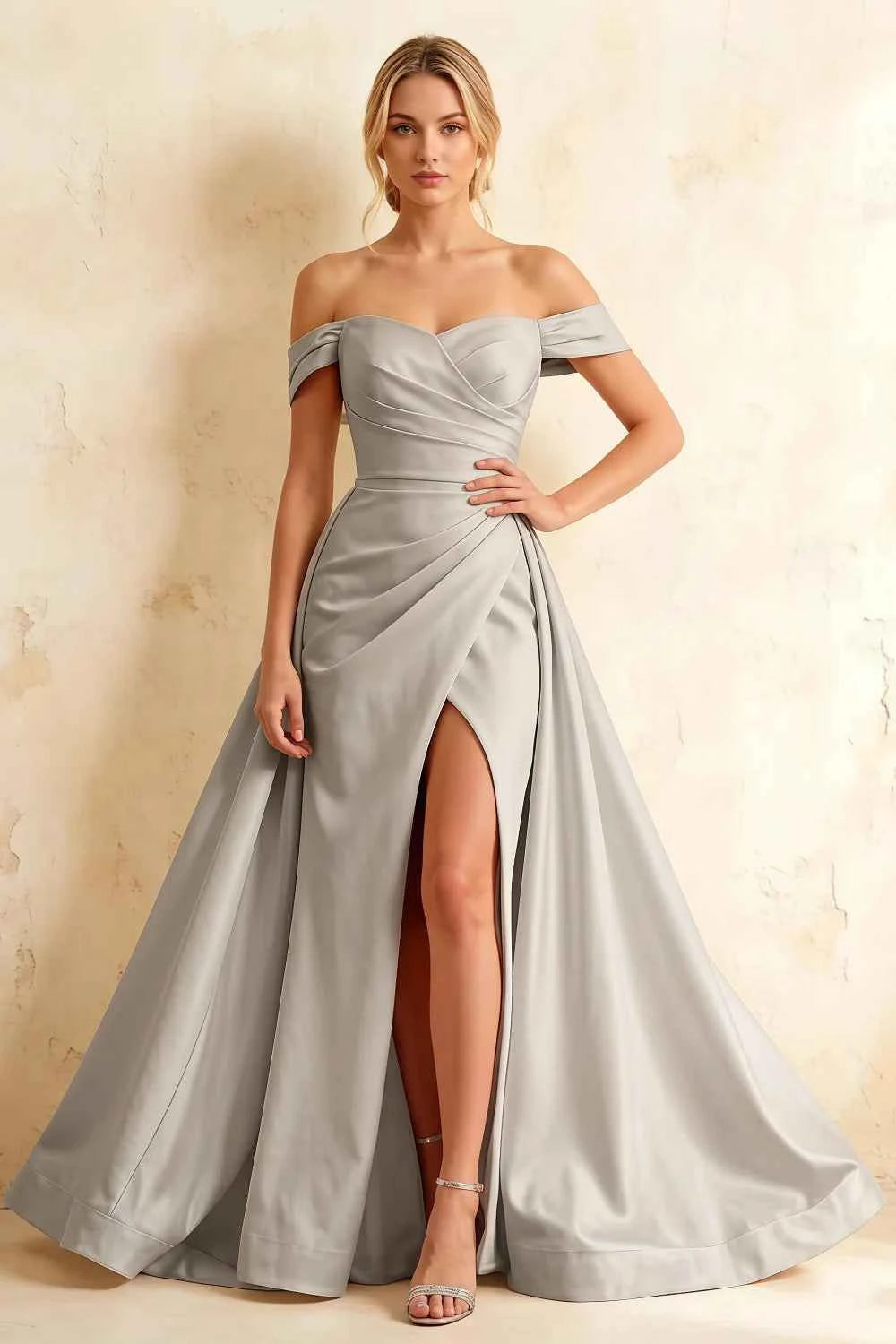 Jeanne Silver Satin Off Shoulder Maxi Dress