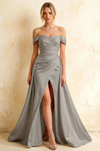 Jeanne Silver Satin Off Shoulder Maxi Dress