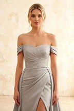 Jeanne Silver Satin Off Shoulder Maxi Dress