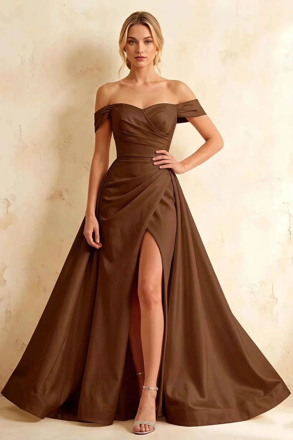 Jeanne Taupe Satin Off Shoulder Maxi Dress