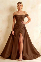 Jeanne Taupe Satin Off Shoulder Maxi Dress
