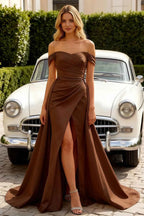 Jeanne Taupe Satin Off Shoulder Maxi Dress