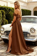 Jeanne Taupe Satin Off Shoulder Maxi Dress